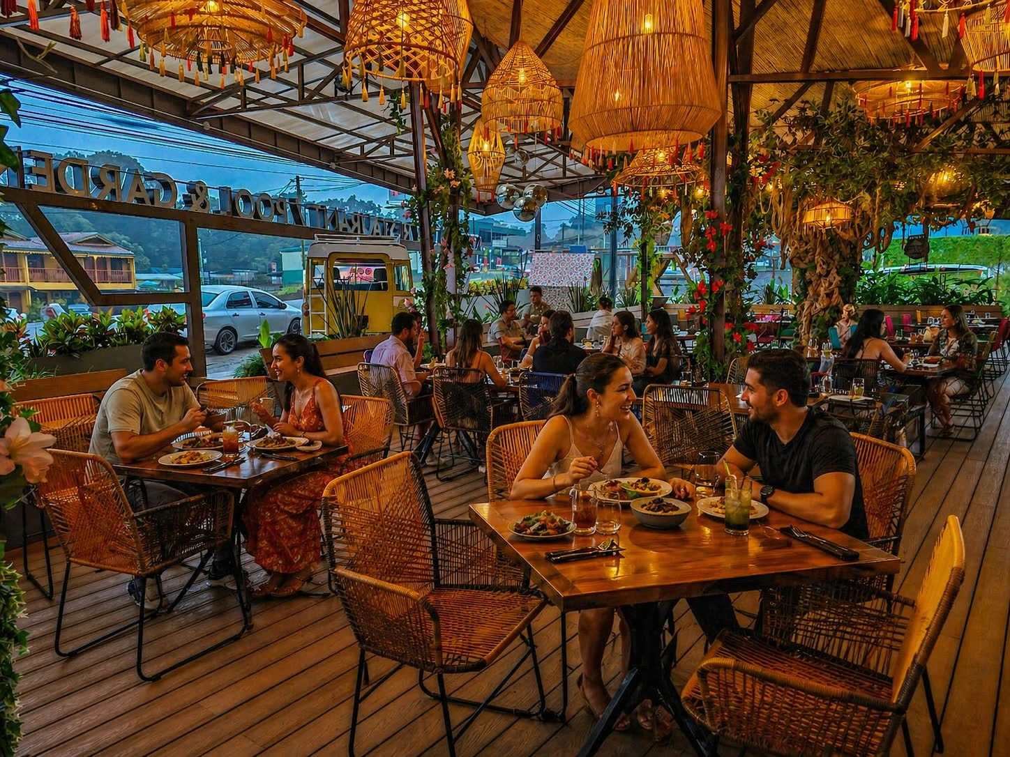The warm evening atmosphere and tropical decor at Kenko restaurant