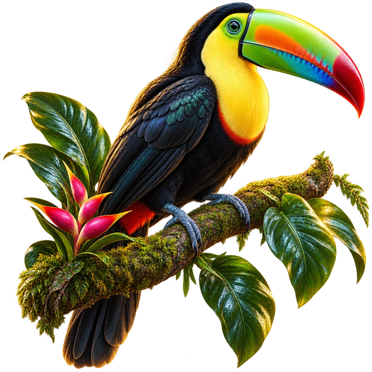 A colorful illustrated toucan perched on a tropical branch