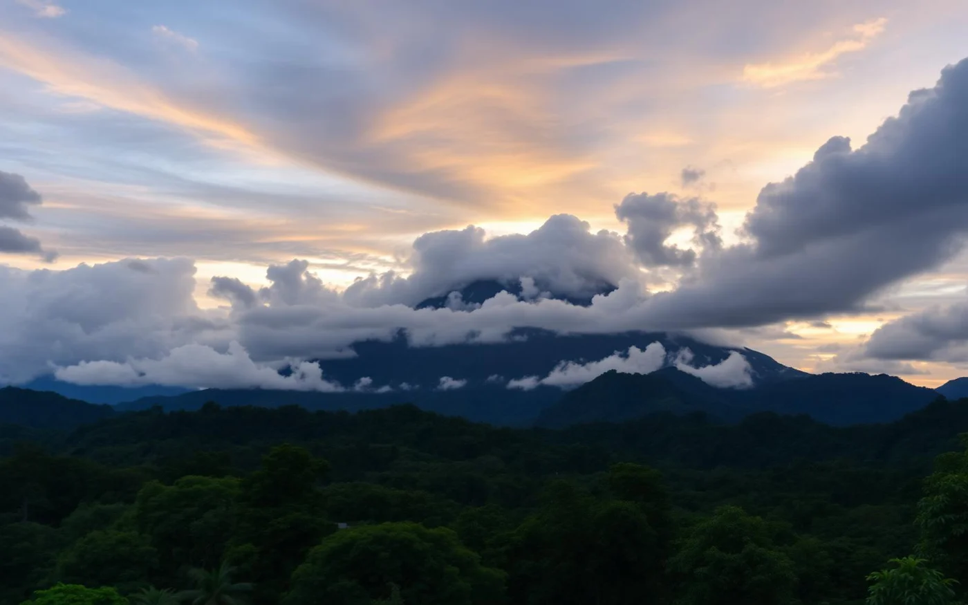 Arenal Volcano under a dramatic sunset sky